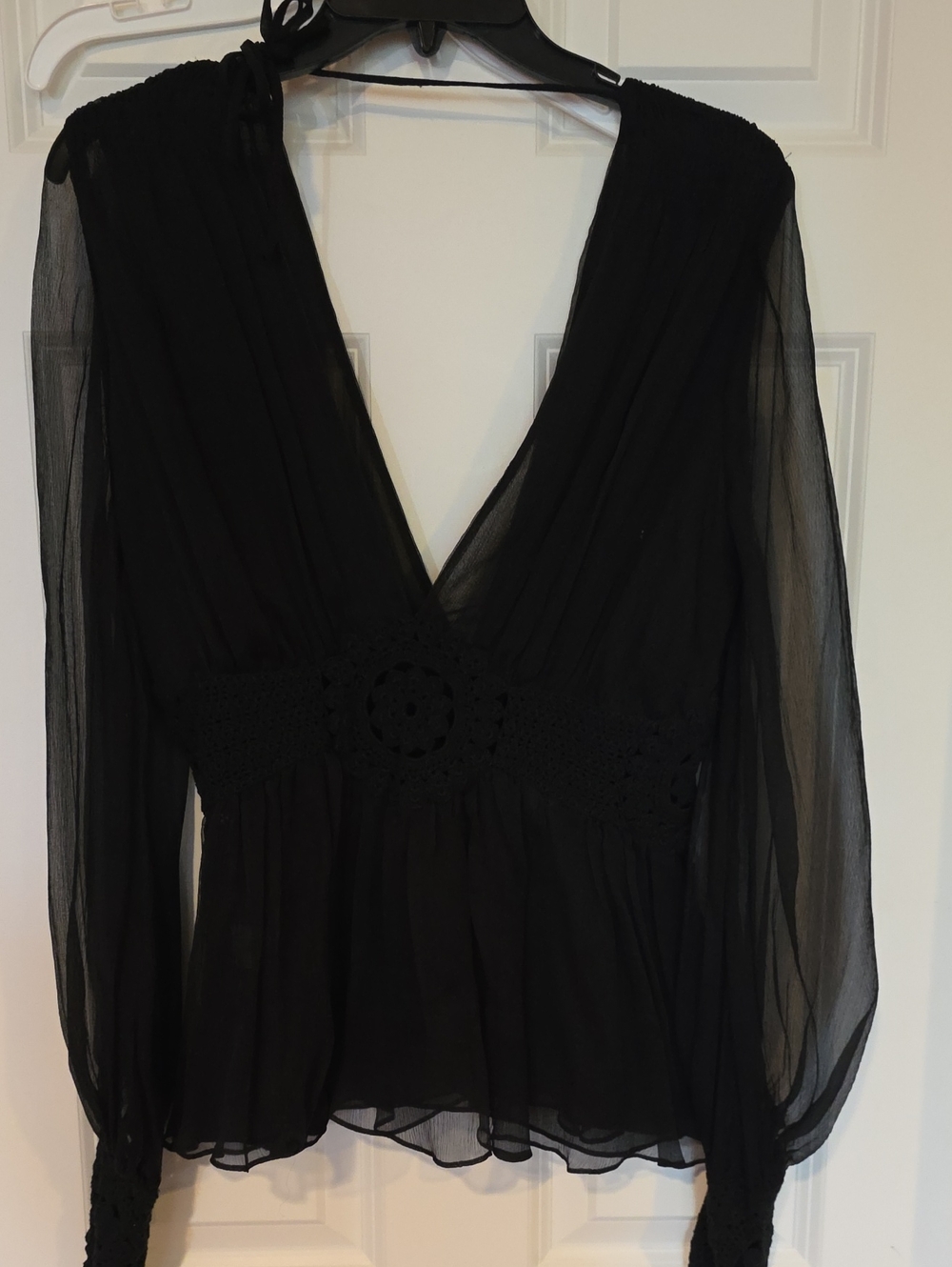 Black Rivet Black Sheer V-Neck Crochet-Waist Blouse